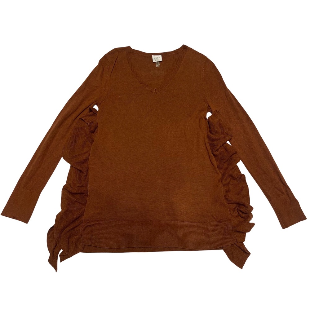 Cupio Womens Rust Brown Side Ruffle V-Neck Long Sleeve Knit Sweater Size Small